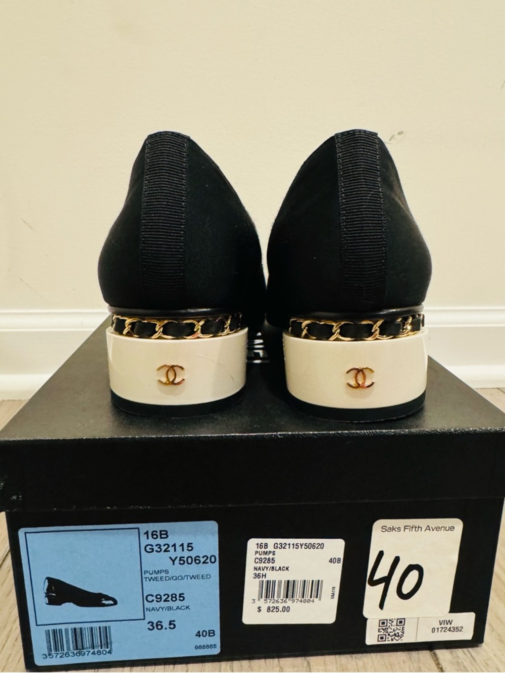 CHANEL Black Chain-Trim Block Heel Pumps